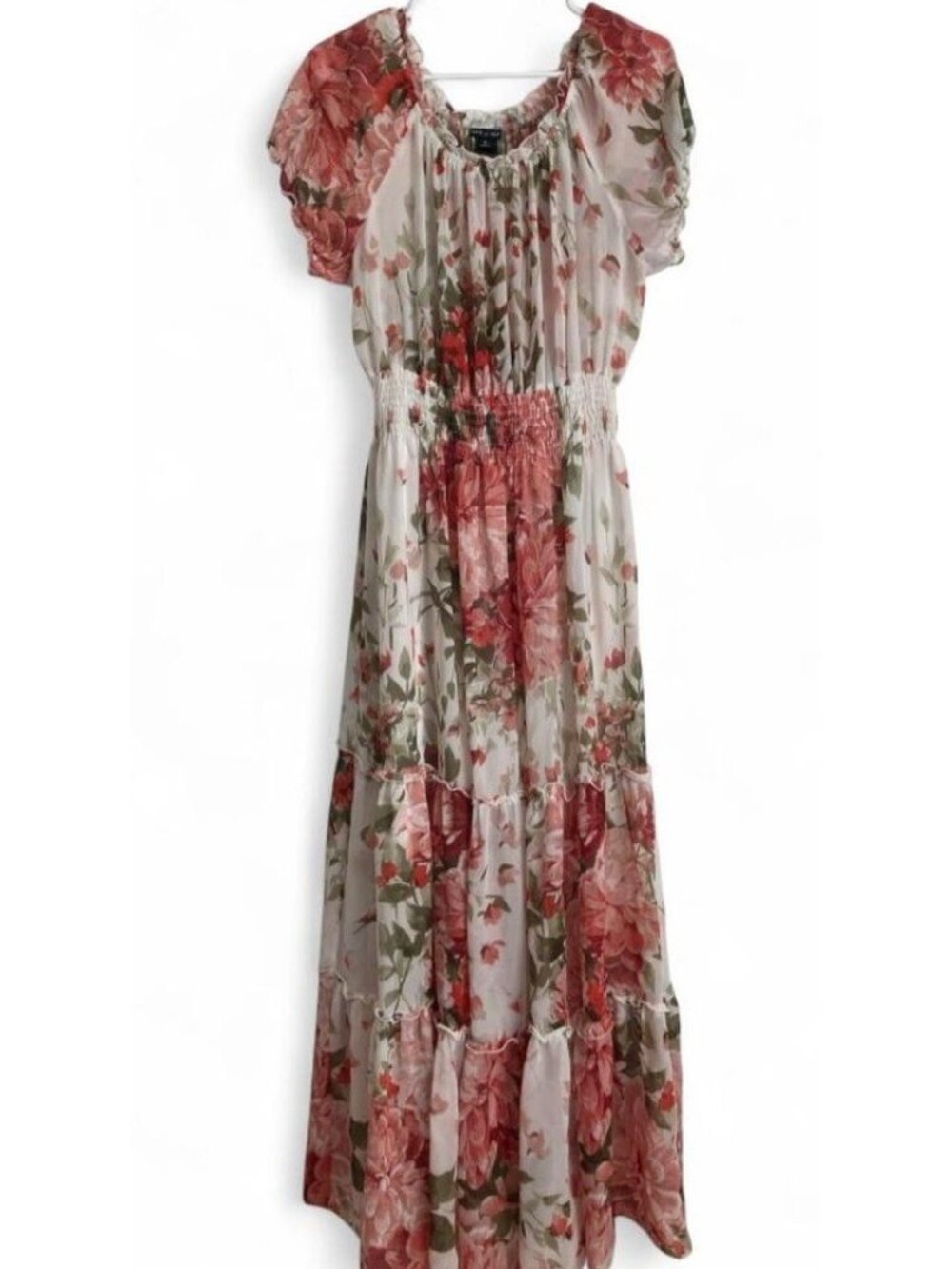 Kate and Lilly Floral Chiffon Maxi Dress Size 12 Smocked Ruffle Puff Sleeve